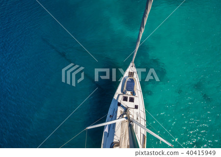 View from high angle of sailing boat. Aerial photography of ship deck View from high angle of sailing boat. Aerial photography of ship deck 40415949