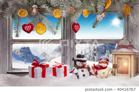Vintage wooden window overlook winter landscape. Vintage wooden window overlook winter landscape. 40416767