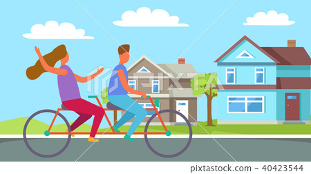 Couple Riding on Tandem or Twin Bicycle Cottage 40423544