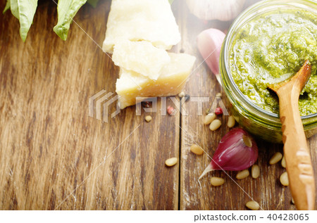 Top view of Pesto sauce and ingredients Top view of Pesto sauce and ingredients 40428065