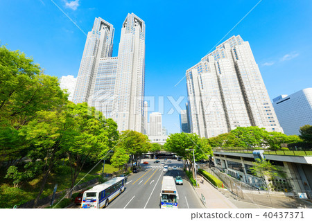 從新宿中央公園看年輕的葉子和新鮮的綠色的東京都政府 從新宿中央公園看年輕的葉子和新鮮的綠色的東京都政府 40437371
