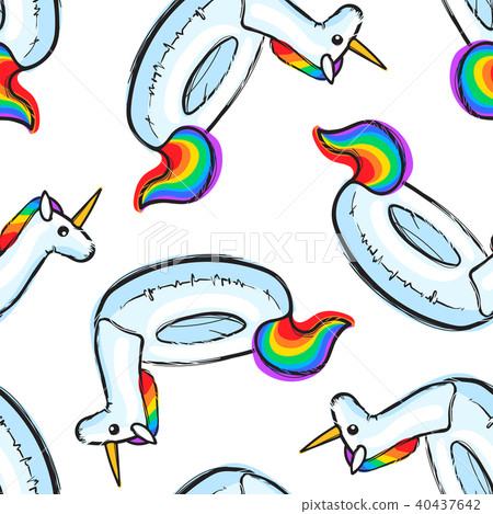 Seamless pattern with inflatable Rainbow Unicorn. Swim ring. Summer print, sticker, badge, fashion 40437642