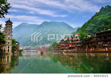 Old houses in Fenghuang county in Hunan, China. 40443025