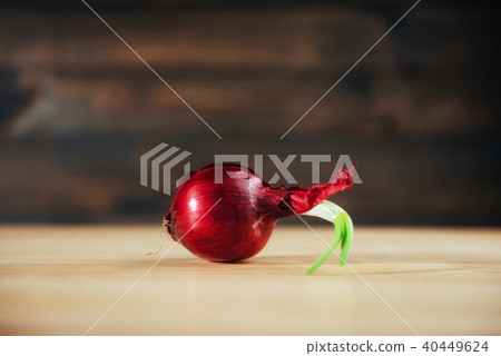 red onions with stems on a wooden table. 40449624