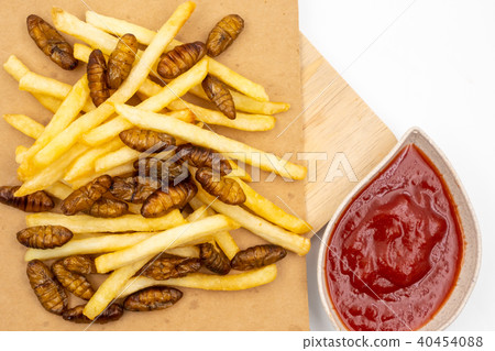french fries with fried insects and ketchup 40454088
