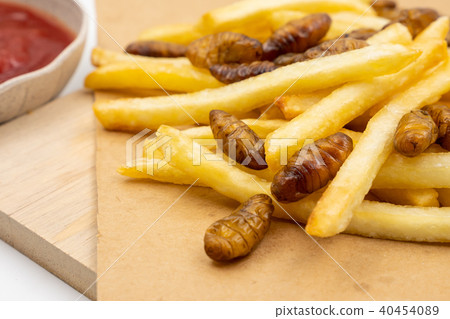 french fries with fried insects and ketchup 40454089