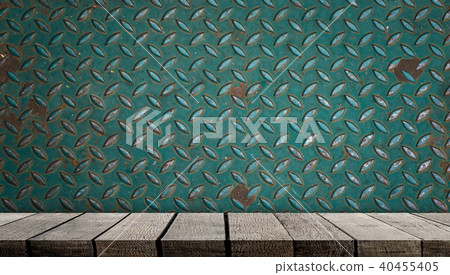 Empty wooden shelf display on metal wall sheet Empty wooden shelf display on metal wall sheet 40455405