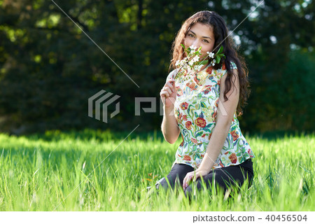 beautiful girl in spring forest 40456504