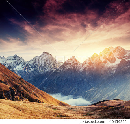Thick fog on the mountain pass Goulet. Georgia, Svaneti. Europe. 40459221