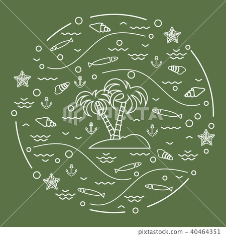 fish, island with palm trees, anchor, waves, fish, island with palm trees, anchor, waves, 40464351