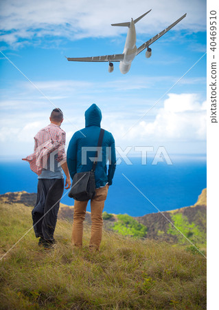 two men on the edge of the Rano Kau volcano two men on the edge of the Rano Kau volcano 40469510