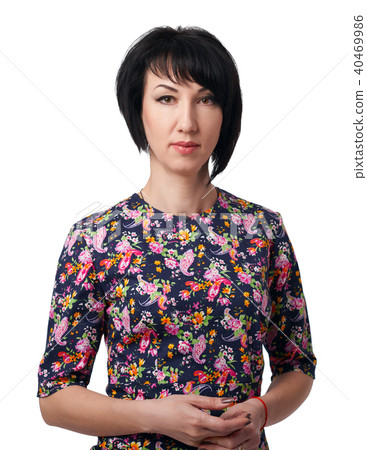 woman in dress with flower pattern on white 40469986