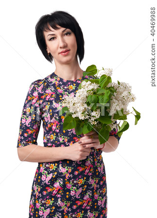 woman with lilac flowers posing white background 40469988
