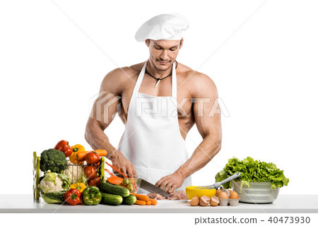Man bodybuilder in white toque blanche Man bodybuilder in white toque blanche 40473930