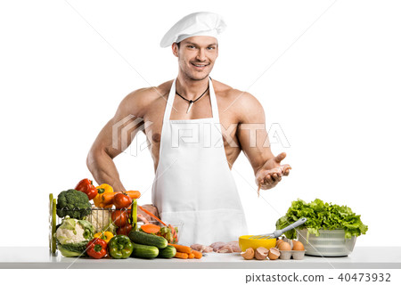 Man bodybuilder in white toque blanche Man bodybuilder in white toque blanche 40473932