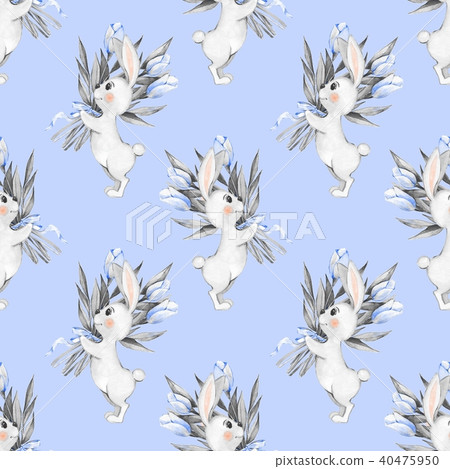Seamless pattern with cartoon white rabbits 4 40475950