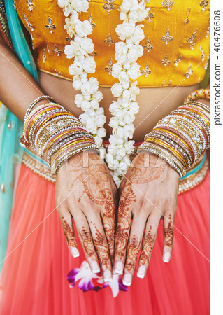 Indian bride showing menhdi (henna) tattoo on hand Indian bride showing menhdi (henna) tattoo on hand 40476608