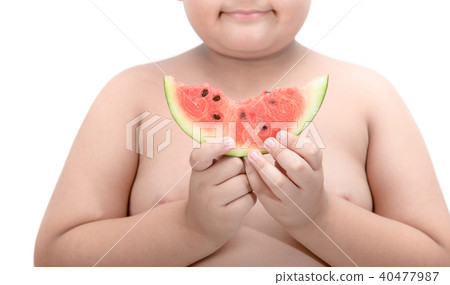 Happy obesity boy holding watermelon 40477987