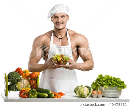 Man bodybuilder in white toque blanche Man bodybuilder in white toque blanche 40478581