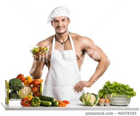 Man bodybuilder in white toque blanche Man bodybuilder in white toque blanche 40478585