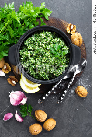 Pesto. Italian pesto with fresh pasrley Pesto. Italian pesto with fresh pasrley 40480519