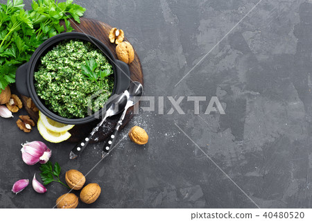Pesto. Italian pesto with fresh pasrley Pesto. Italian pesto with fresh pasrley 40480520
