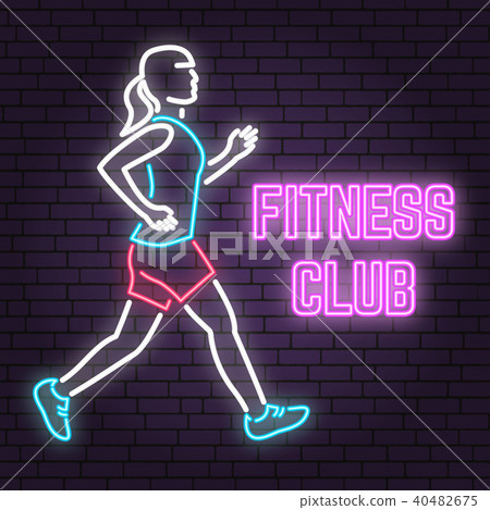 Neon fitness club sign on brick wall background. Vector illustration. 40482675