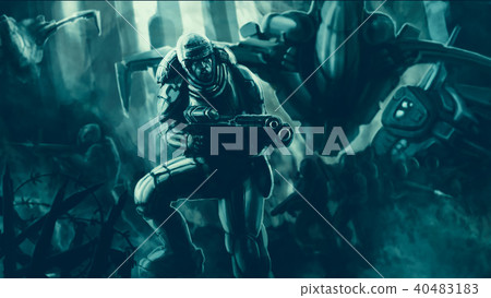 Commando in armor suit with large rifle fighting 40483183