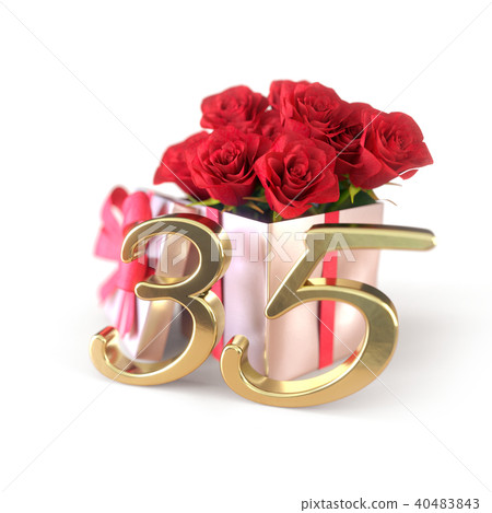 birthday concept with red roses in gift isolated on white background. thirty-fifth. 35th. 3D render birthday concept with red roses in gift isolated on white background. thirty-fifth. 35th. 3D render 40483843