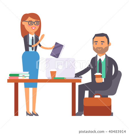 Vector flat people work place business worker person working on laptop at the table in office Vector flat people work place business worker person working on laptop at the table in office 40483914