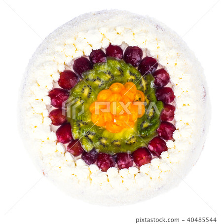 Homemade festive cake decorated with whipped cream and fruit in jelly 40485544