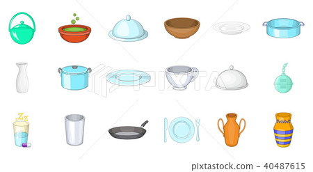 Crockery icon set, cartoon style Crockery icon set, cartoon style 40487615