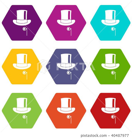 Hat with monocle icon set color hexahedron 40487977