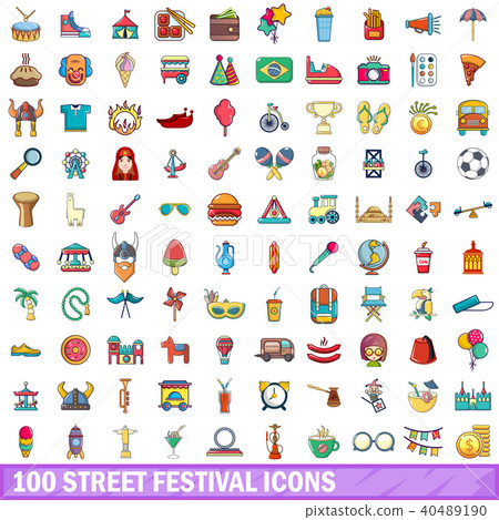 100 street festival icons set, cartoon style 40489190