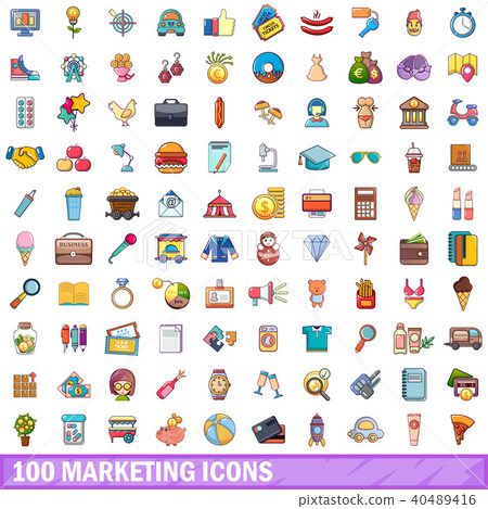 100 marketing icons set, cartoon style 40489416