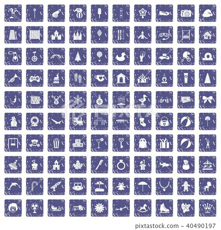 100 happy childhood icons set grunge sapphire 40490197