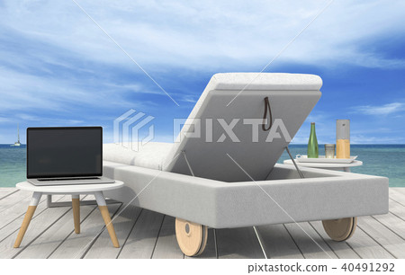 beach lounge laptop and sundeck on sea. 3D render 40491292
