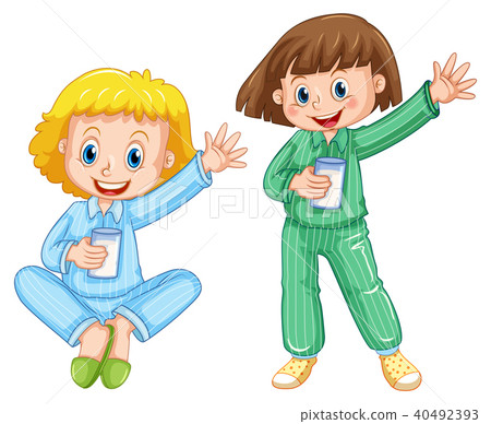 Girl Wearing Pajamas Drinking Milk Girl Wearing Pajamas Drinking Milk 40492393