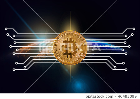 Bitcoin mockup with network circuit line over Part of earth with sun rise and lens flare background, cryptocurrency and innovation concept, Elements of this image furnished by NASA 40493099