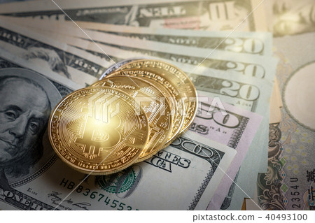 Closeup Bitcoins mockup on the money paper bank of various country, cryptocurrency and investment concept 40493100