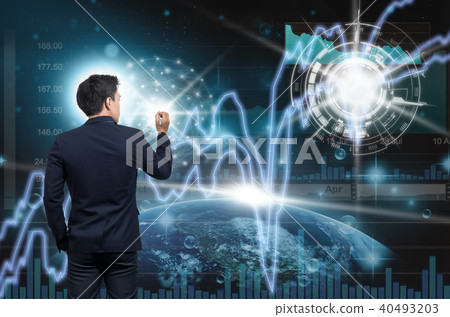 Businessman writing the modern virtual screen over the earth planet with star and trading graph background, Elements of this image furnished by NASA, Business and technology concept Businessman writing the modern virtual screen over the earth planet with star and trading graph background, Elements of this image furnished by NASA, Business and technology concept 40493203