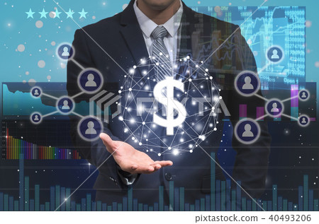 Businessman hand holding the dollar currency text financial technology or FINTECH connection over the screen of stock market trading information background, Showing the cryptocurrency or digital money 40493206