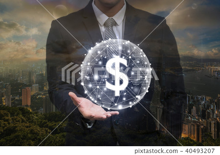 Businessman hand holding the dollar currency text financial technology or FINTECH connection over the hongkong cityscape at sunrise time background, Showing the cryptocurrency or digital money Businessman hand holding the dollar currency text financial technology or FINTECH connection over the hongkong cityscape at sunrise time background, Showing the cryptocurrency or digital money 40493207