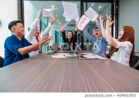 Group Of AsianBusiness people with casual suit working with happy action and celebrate in the modern Office, people business group concept 40493303