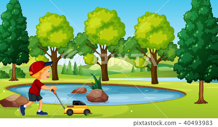 A Boy Gardening with Lawn Mower 40493983