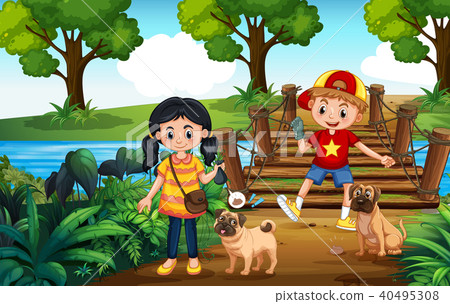 Kids walking Dogs and Picking Up Poop 40495308