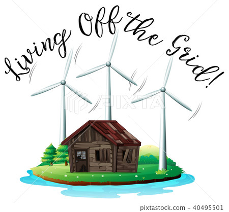 Wooden House on Island with Windmill 40495501