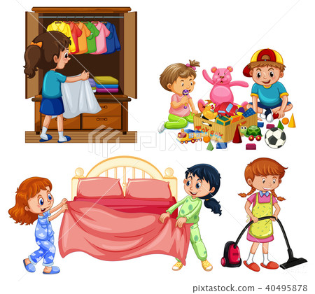 Good Children Doing Housework on White Background Good Children Doing Housework on White Background 40495878