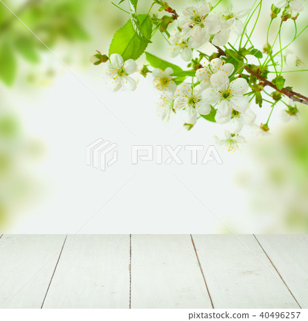 White Empty Wooden Table with Flowers White Empty Wooden Table with Flowers 40496257