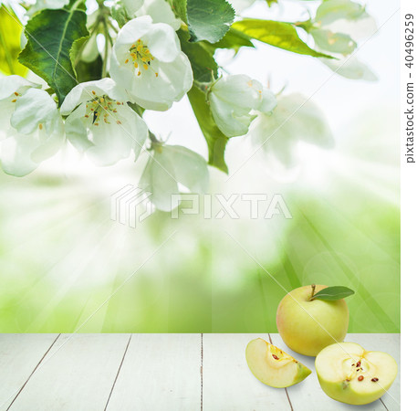 Spring Health Background with Green Apple Fruit Spring Health Background with Green Apple Fruit 40496259